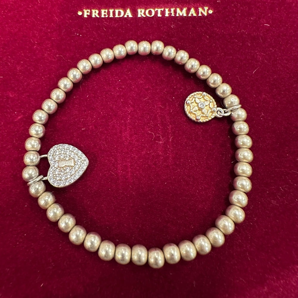 Freida Rothman Gold Beaded Stretch Bracelet with Heart Charm